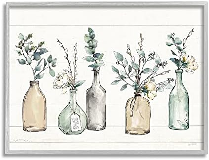 Stupell Industries Bottles and Plants Farm Wood Textured, Design by Anne Tavoletti Wall Art, 11 x 14, Multi-Color for Living Room, Grey Framed